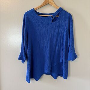 Ali Miles Crinkle Blouse Royal Blue 3/4 Sleeve Asymmetrical Top Sz Petite XL